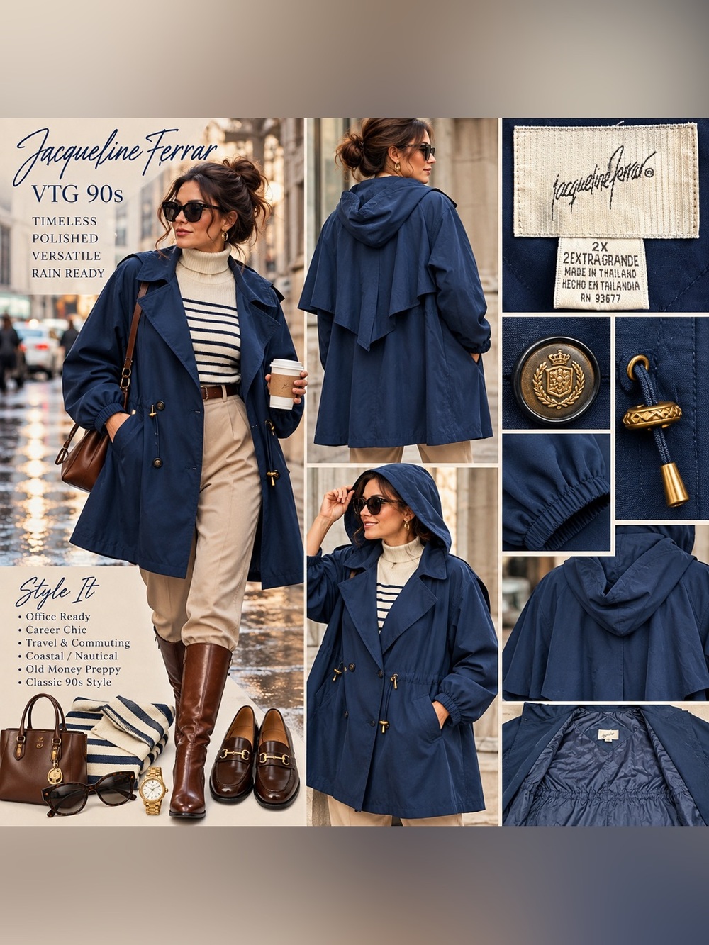 VTG 90s Jacqueline Ferrar 2X Navy Hooded Cape Raincoat Trench NWOT Plus Size